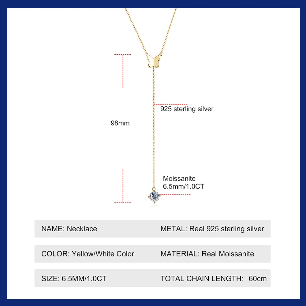 Fashion Butterfly Moissanite Necklace for Women Girls 1.0CT Diamond Pendant Long Tassel Necklaces Choker 925 Silver Jewelry Gift