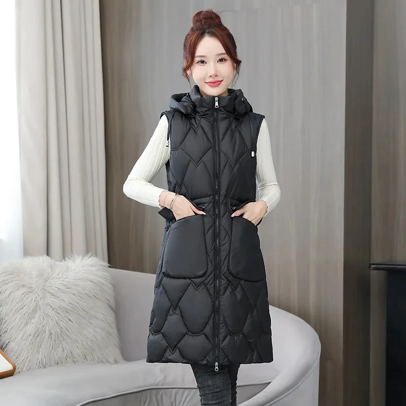 Automne hiver tempérament gilet sans manches femmes veste longue décontracté vers le bas coton gilet femme gilet vêtements d'extérieur hauts décontractés