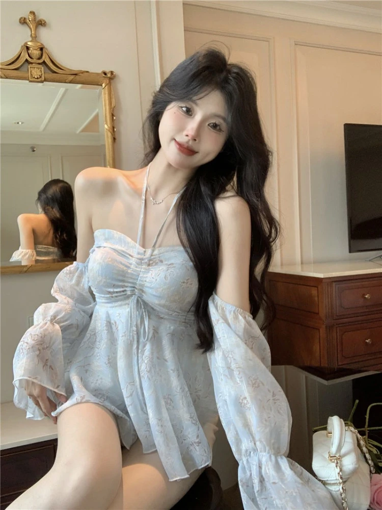 

Open Back Female Tops Cute Elegant Korean Popular Clothes Pretty Youthful New 2025 Style Tall Sexy Blue Women's Shirt and Blouse