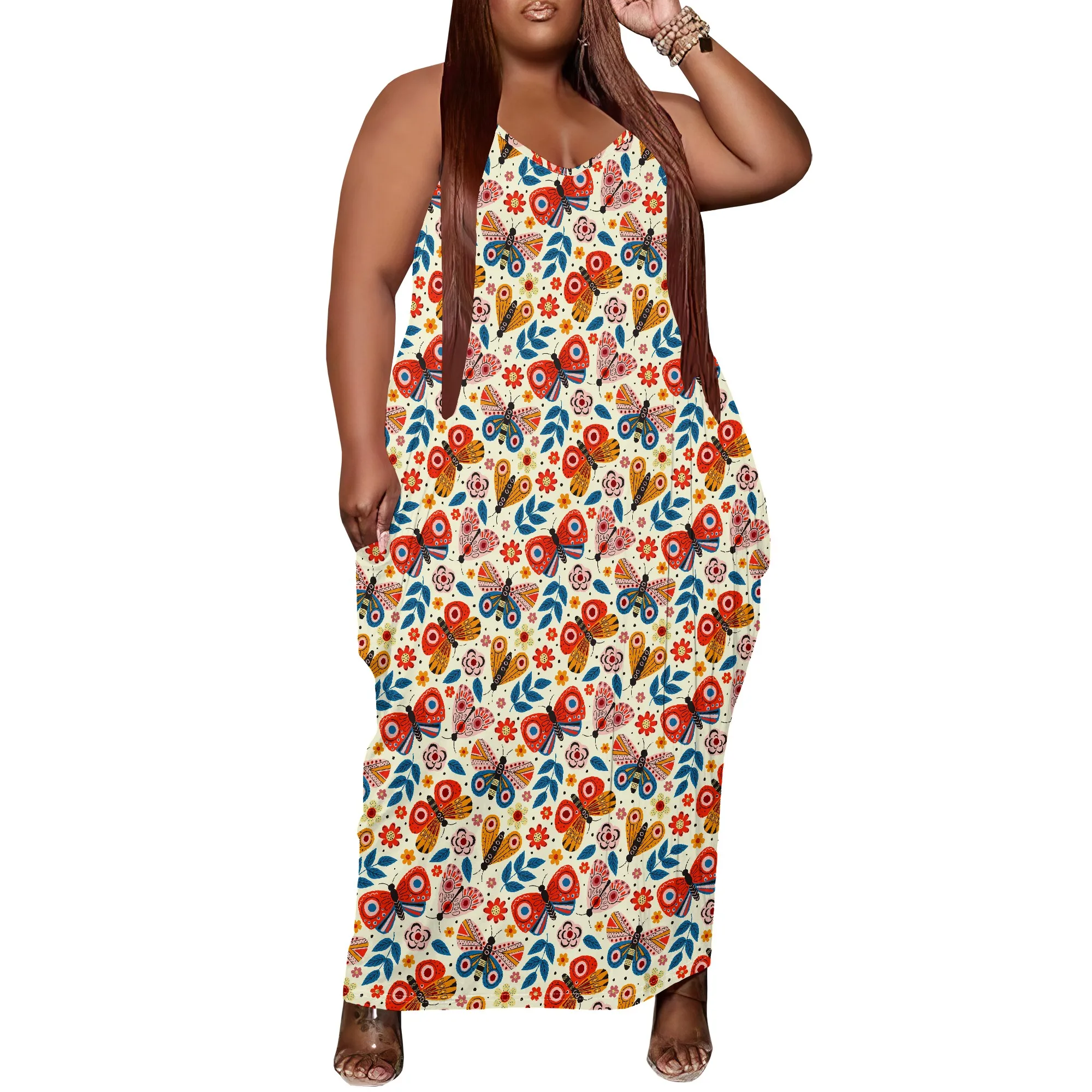 

Women's Plus Size Dress Loose Halter Long Dress with Pocket Stretchy Streetwear Butterfly Print XL-6XL​