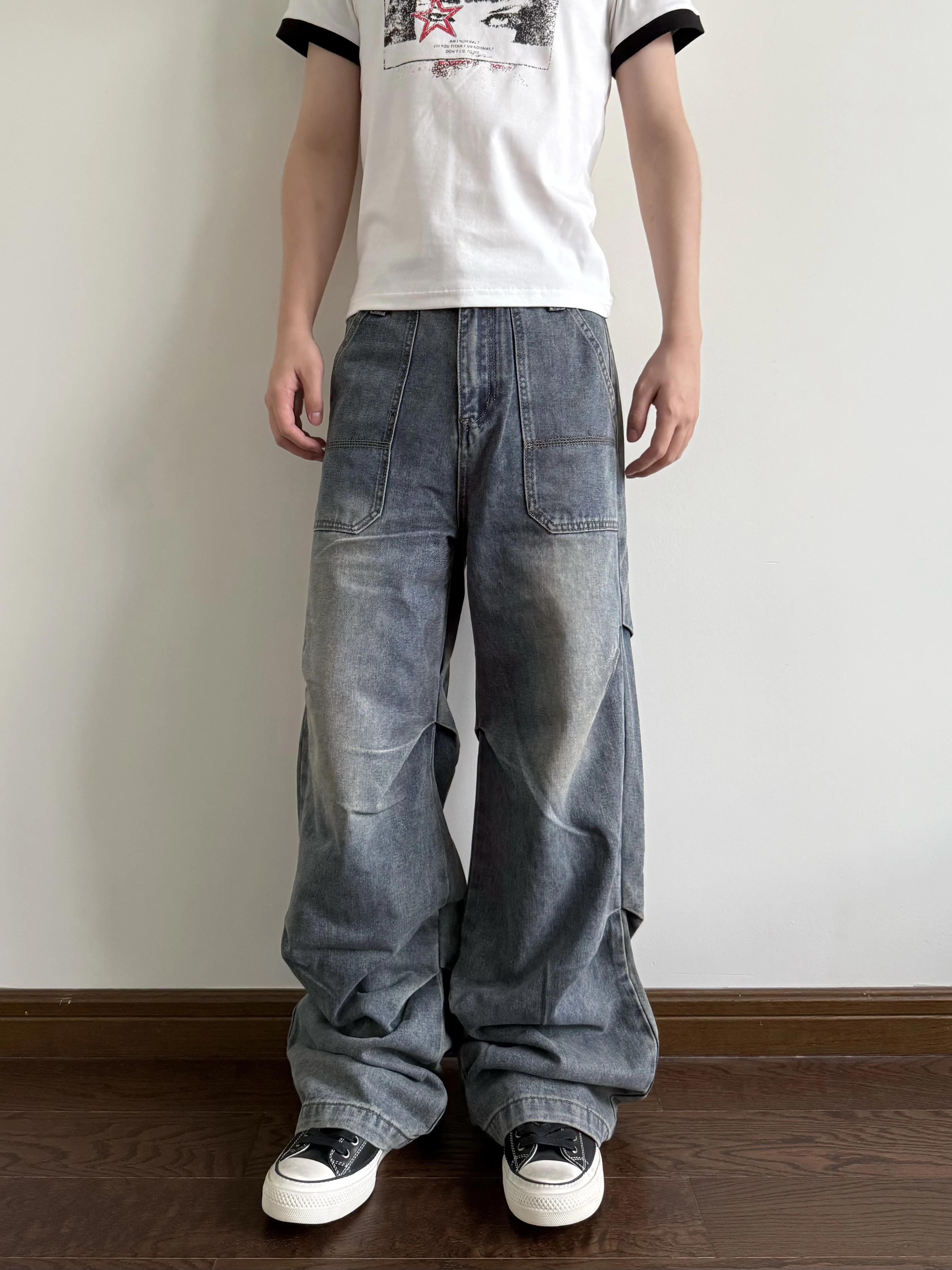 SEKRTU Calças Jeans Plissadas Estilo Retrô Americano, Soltas e Casuais, de Perna Larga, para Homens e Mulheres, em Mistura de...