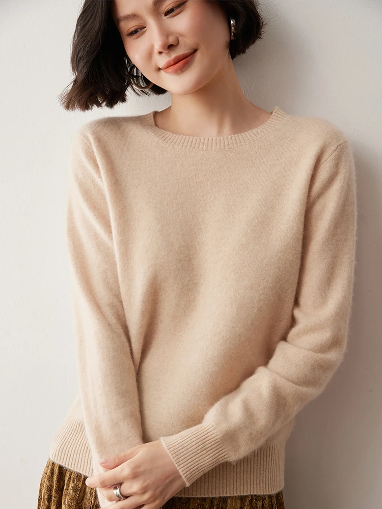 

Autumn Winter Cashmere Clothing Women's O-Neck Basic Pullover 100% Cashmere Knitwear Female Grace Sweater Long Sleeves New Tops