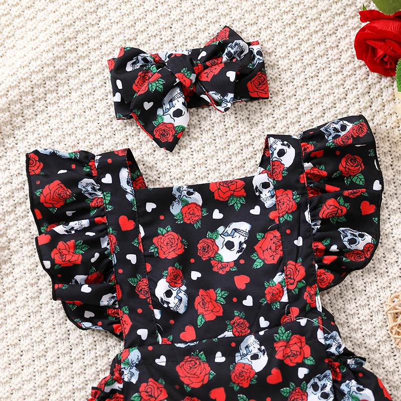 Summer Newborn Baby Rose Skull Sweetheart Flying Sleeves Triangle Romper Jumpsuit