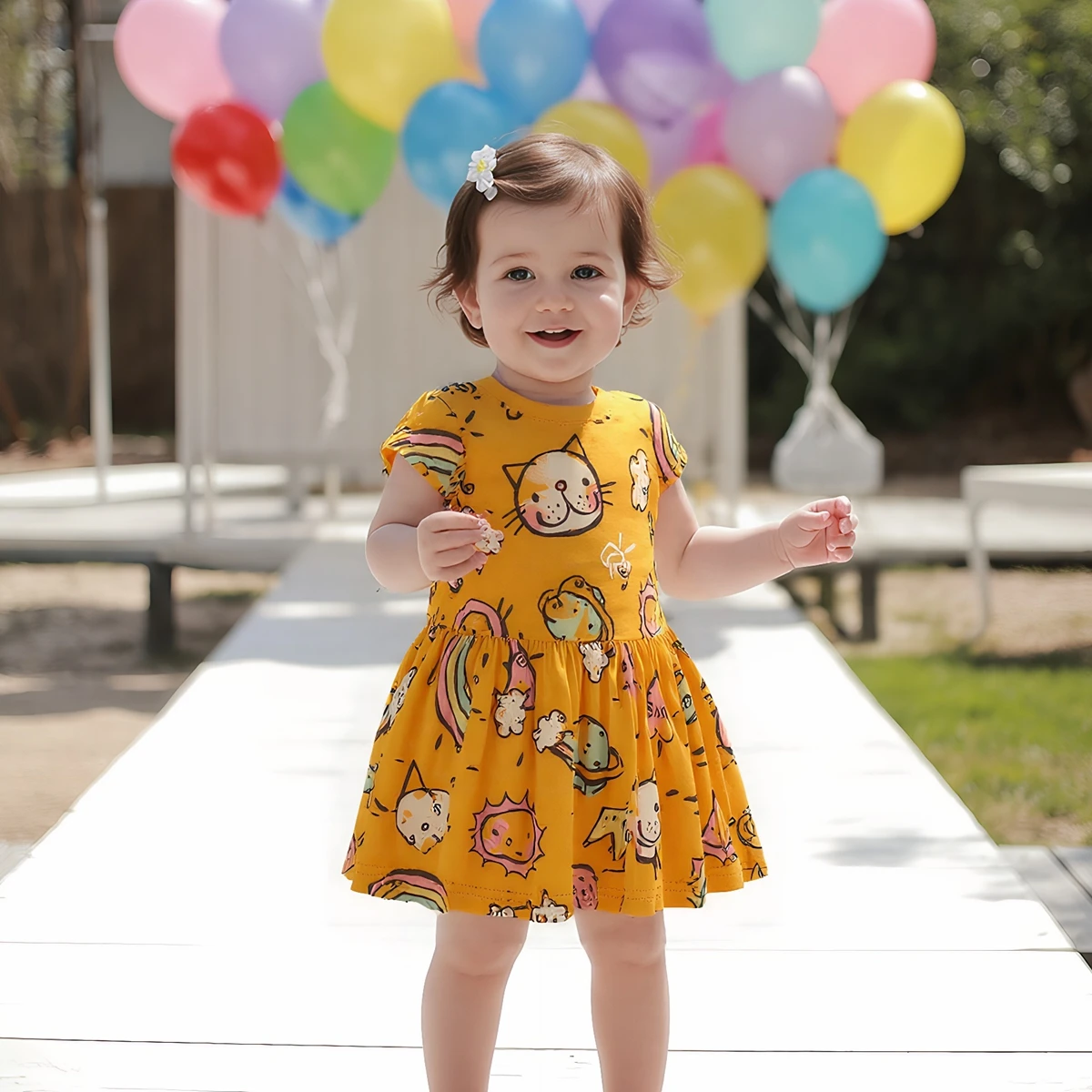 Sanlutoz Cartoon Printing Baby Girls Dress Cute Summer Short Sleeve Kids Clothes