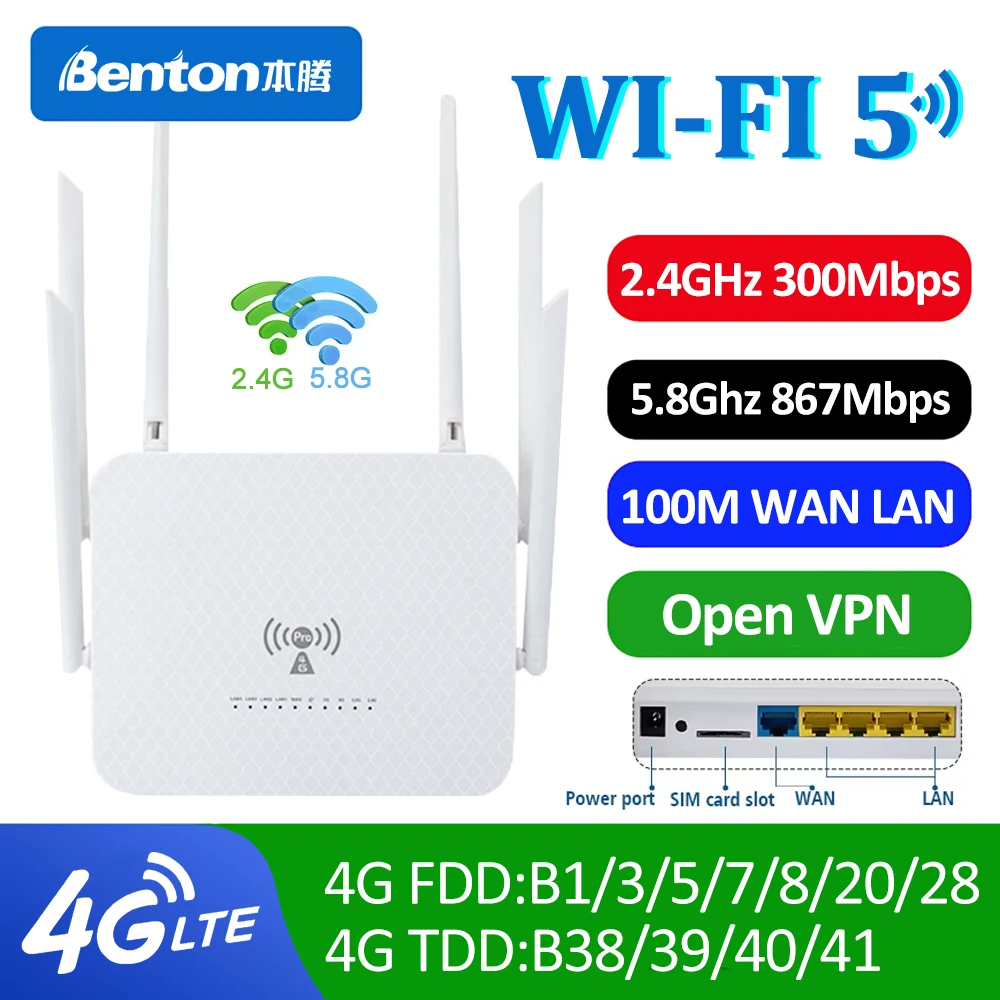 Benton Dual Band 4G 5G WiFi Router 1200Mbps LTE Wireless Gigabit Router SIM Card 4G Hotspot Internet Access 6 High Gain Antennas