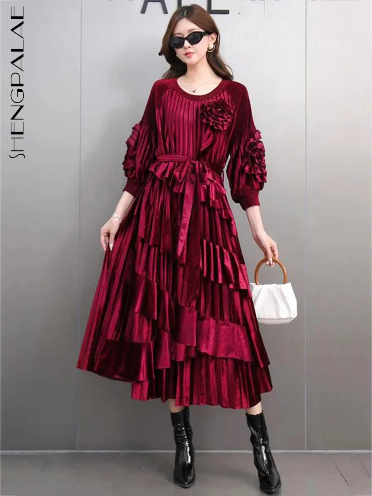 SHENGPALAE Evening Party 3D Flowers Dresses Women Round Collar A Line Lace-up Solid Color New 2024 Irregular Ruffles Dress 5G274