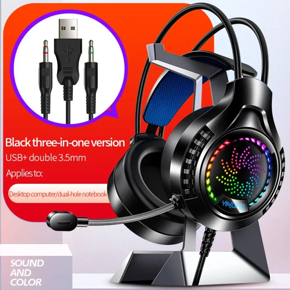 Foldable Computer Wired Headphone Large Ear Cups USB Charging Wired Gaming Earphones Stereo with Microphone RGB Lighting Headset