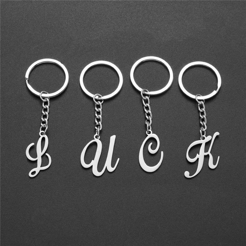 Initial 26 Letter Stainless Steel Metal Keychains for Couple Artistic Alphabet Bag Pendant Charms DIY Accessories Birthday Gift