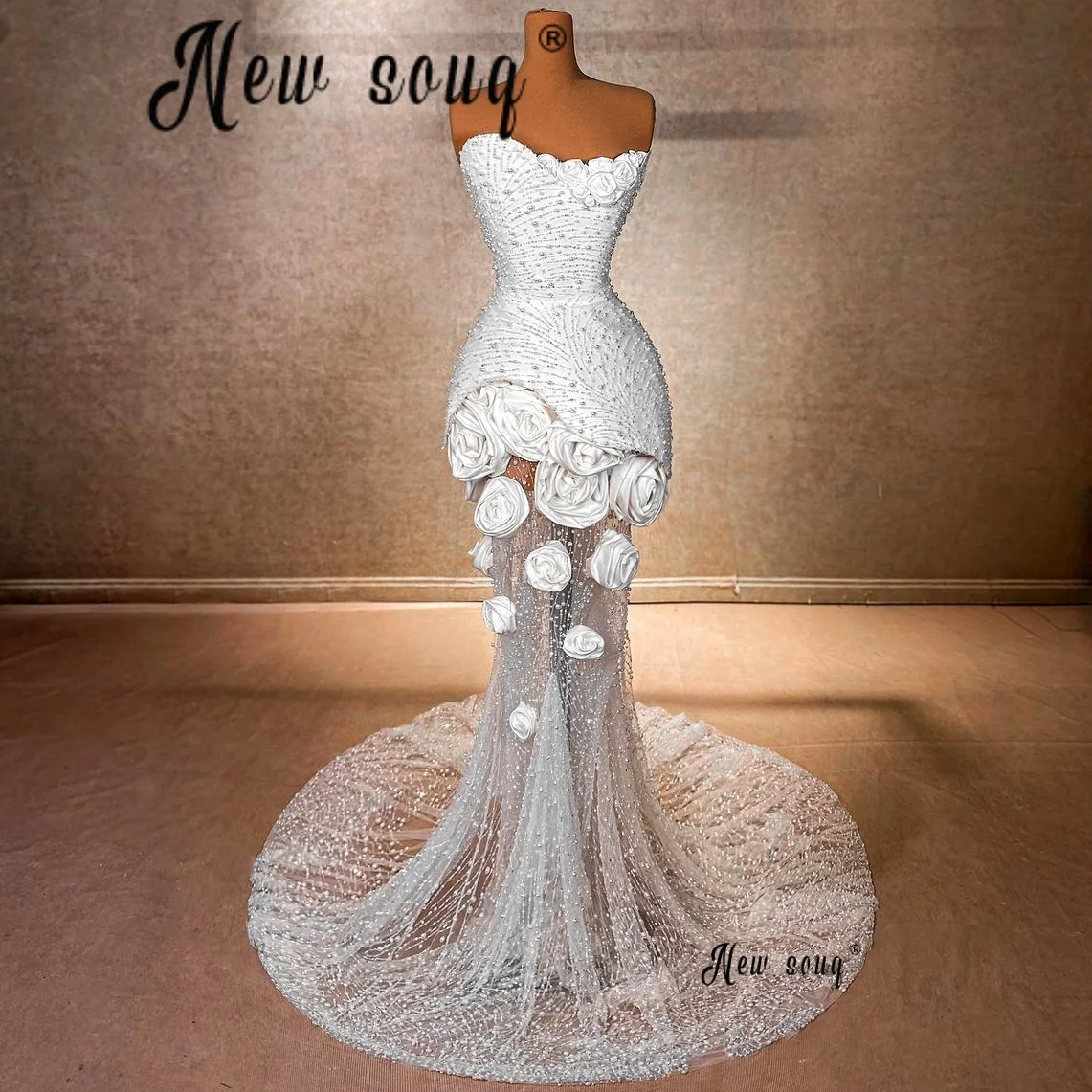 Floral Long Mermaid White Evening Gowns Illusion Gala Party 2026 Prom Party Dresses Strapless Bride Wedding Wear Customized