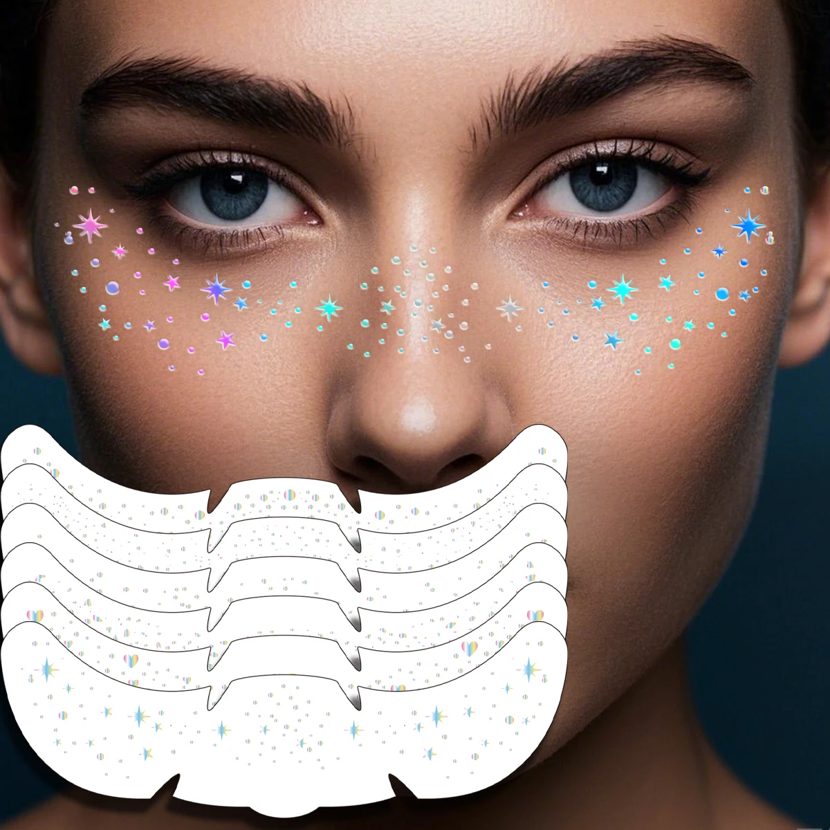 6pcs Laser Freckles Makeup Patches Glitter Aurora Metallic Freckles Temporary Tattoo Stickers for Women Face Makeup Music Party