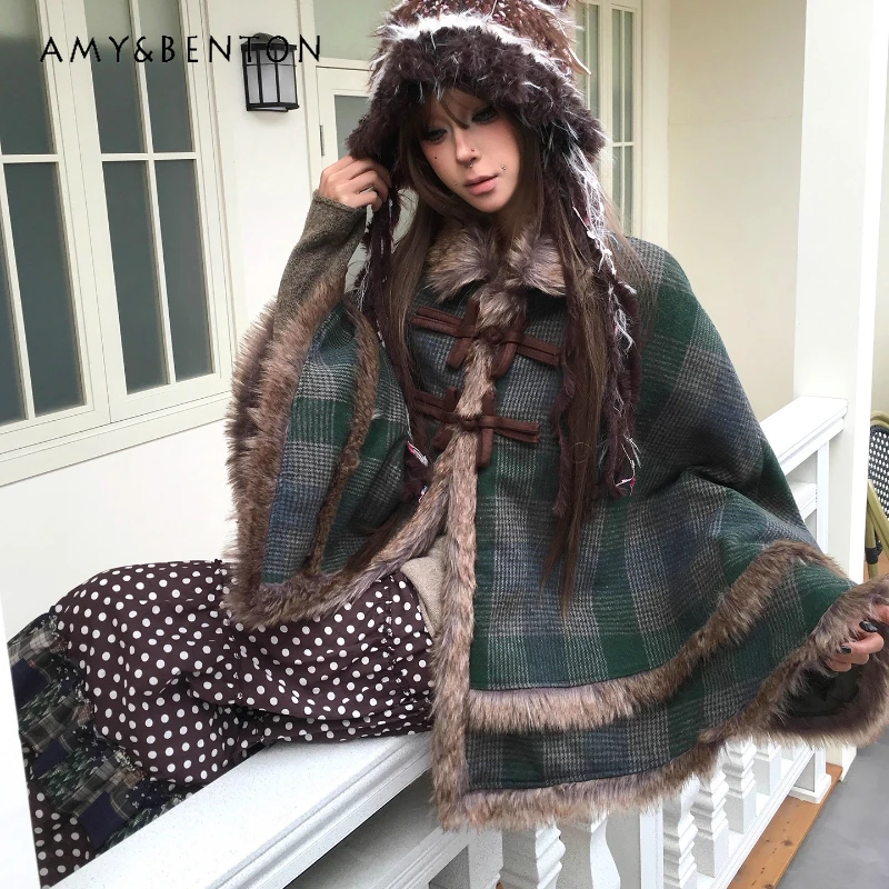 

American Retro Design Burr Splicing Women's Cape Shawl 2025 Winter New Sweet Cool British Woolen Loose Fashion Jackets Ladies