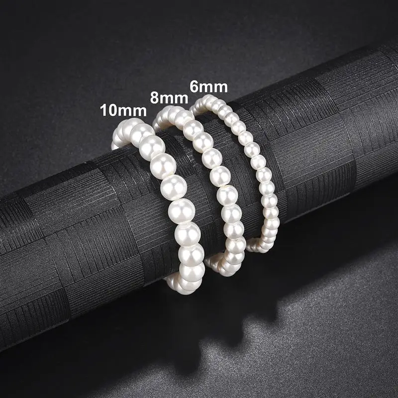 New 6/8/10mm White Glass Pearl Bracelets Handmade Elastic Beads Bracelet For Women Men Fine Jewelry Wedding Gift Wholesale