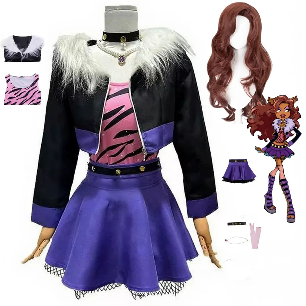 Peluca de disfraz de Anime Clawdeen Wolf, abrigo corto negro, falda, uniforme, peluca para mujer y niña, traje de juego de rol para fiesta de Halloween y Carnaval
