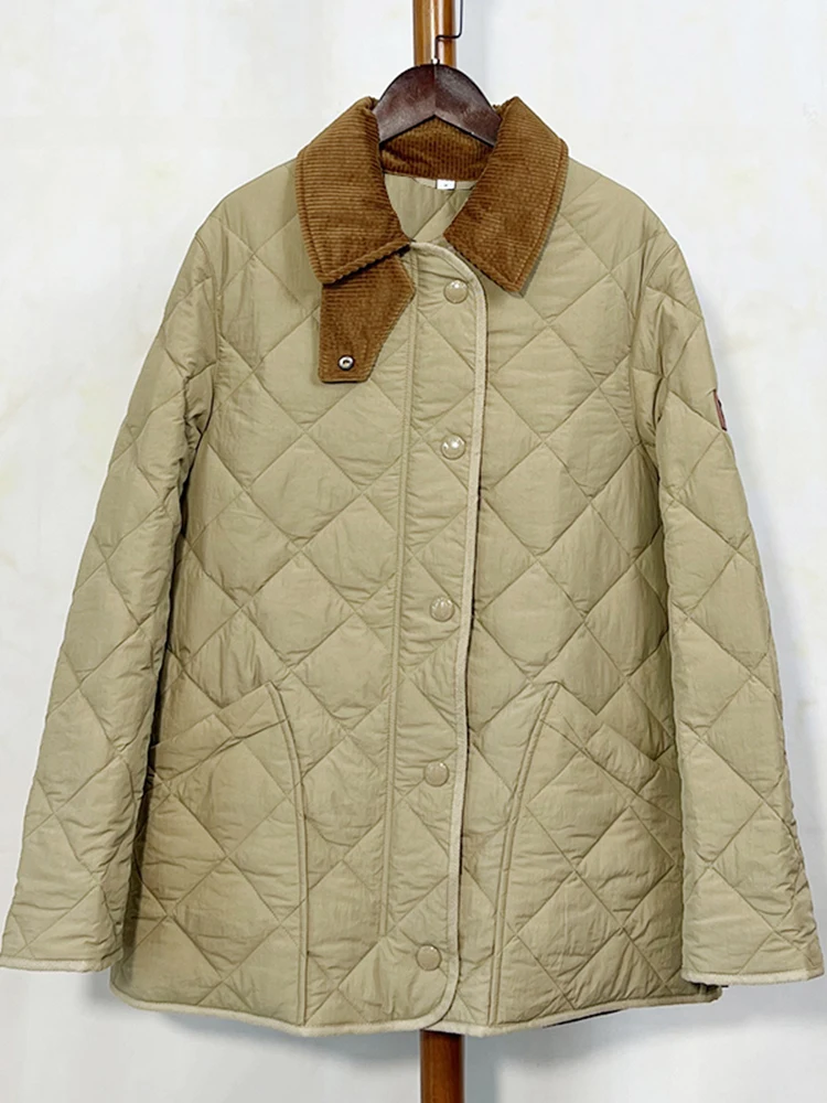 

Autumn Winter New Arrival British Style Women's Classic Diamond Pattern Corduroy Collar Barn Style Windproof Waterproof Cotto...
