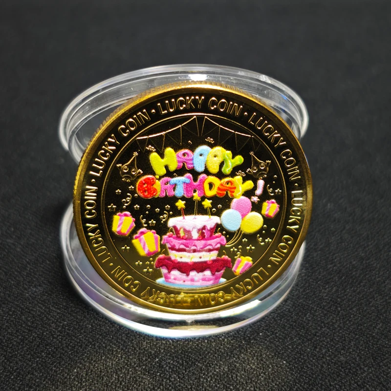 Hot Colorful Birthday Cake Coin Golden Plated Metal Craft Creative Birthday Gift Lucky Souvenir Party Favor for Men Women Kids