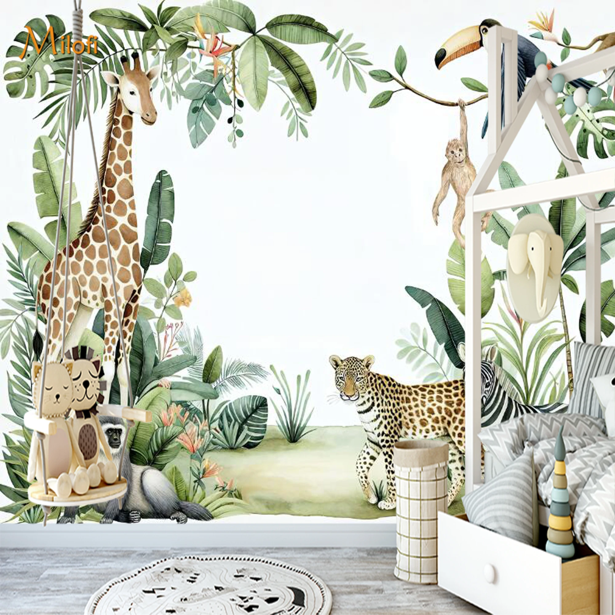 Custom Watercolor Safari Animal Wall Mural Giraffe Zebra Leopard Tropical Palm Leaves Wallpaper for Kids Baby Nursery Decoration