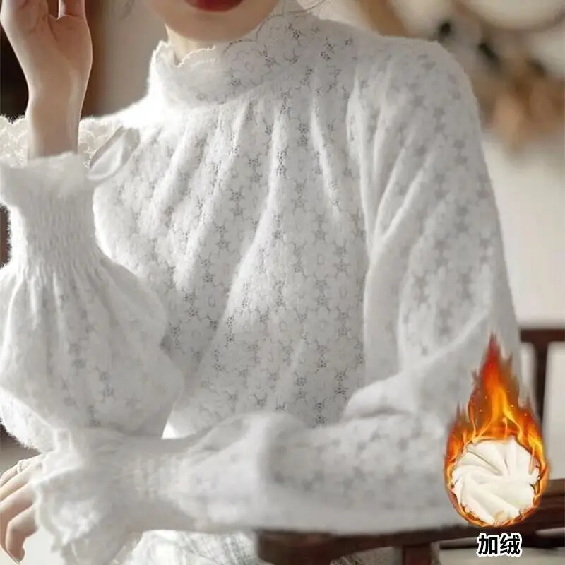 Half High Collar Lace Thick Bottom Women's Autumn Winter New Fashion Solid Color Hook Flower Hollow Lantern Sleeve Pullover Tops