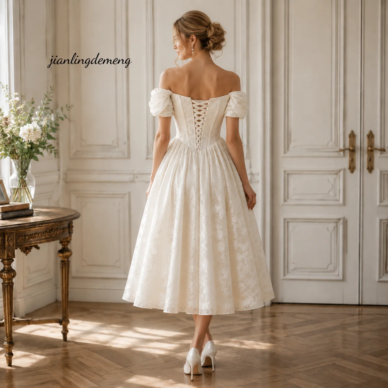 Corset Puff Sleeve Wedding Dress Off Shoulder Sweetheart A-Line Bridal Gown Lace Tea Length Courthouse 2026 Customized
