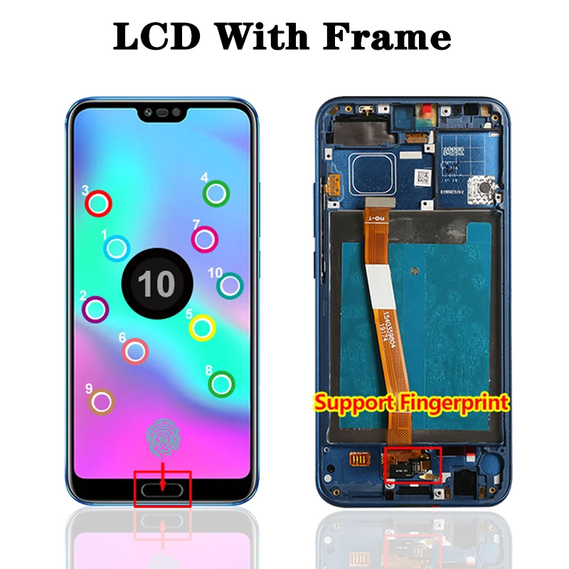 100% Test with Fingerprint 5.84\'\' for Huawei Honor 10 LCD COL-L29 L19 AL10 TL10 Touch Screen Digitizer Assembly Repair Part