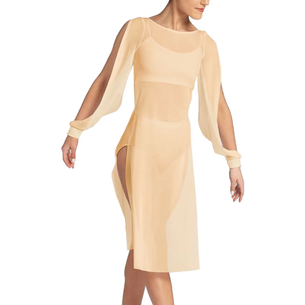 Ata Dee-Robe à manches bouffantes en maille pour femmes, jupe fendue haute, col bateau transparent, danse du ventre de ballet moderne, costume de scène sexy pour filles