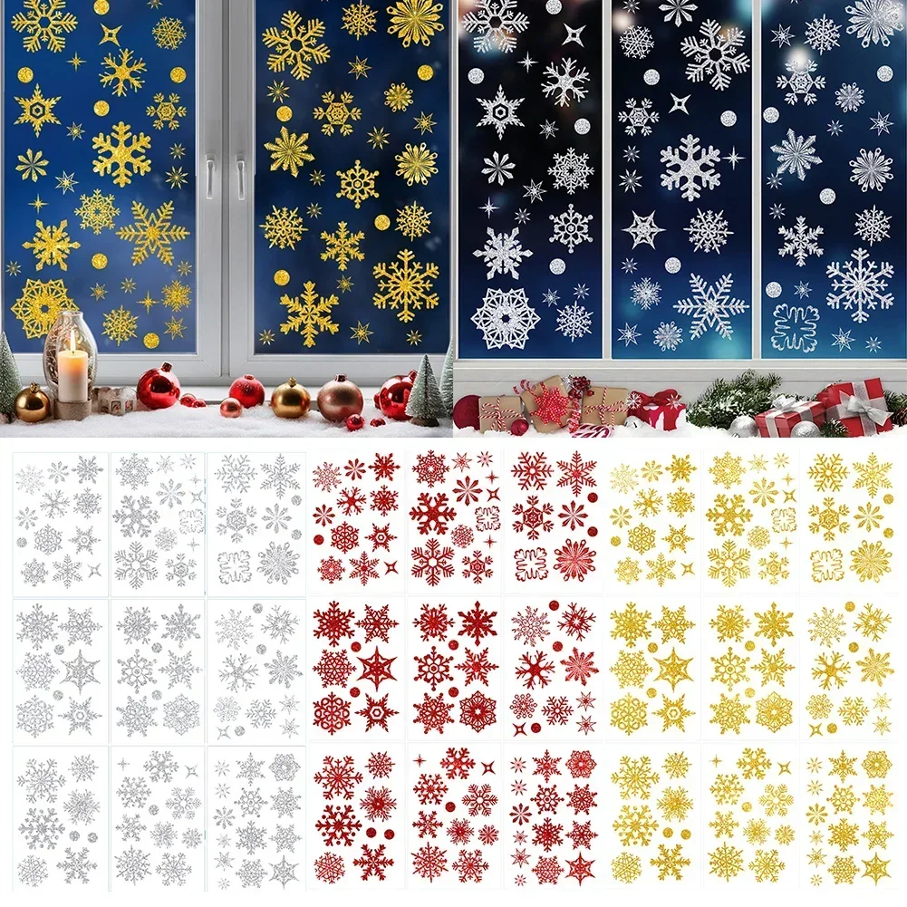 93Pcs Christmas Snowflake Double-Sided Window Stickers Sprinkled Gold Christmas Household/Wedding/Party Decoration Supplies