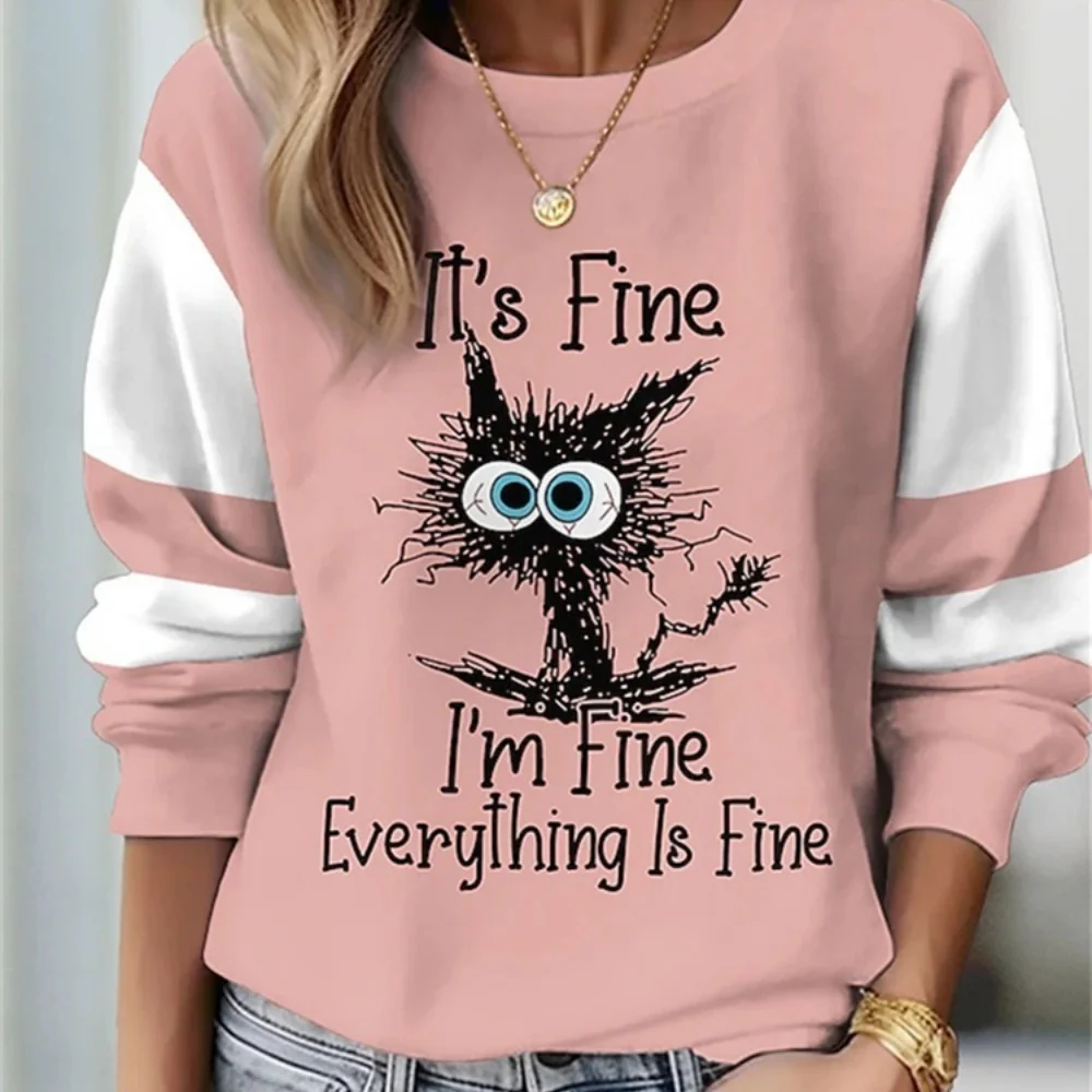 Moletom feminino pulôver poliéster floral gato rua casual vintage esportes básico em torno do pescoço manga longa topo comfrt macio 2026