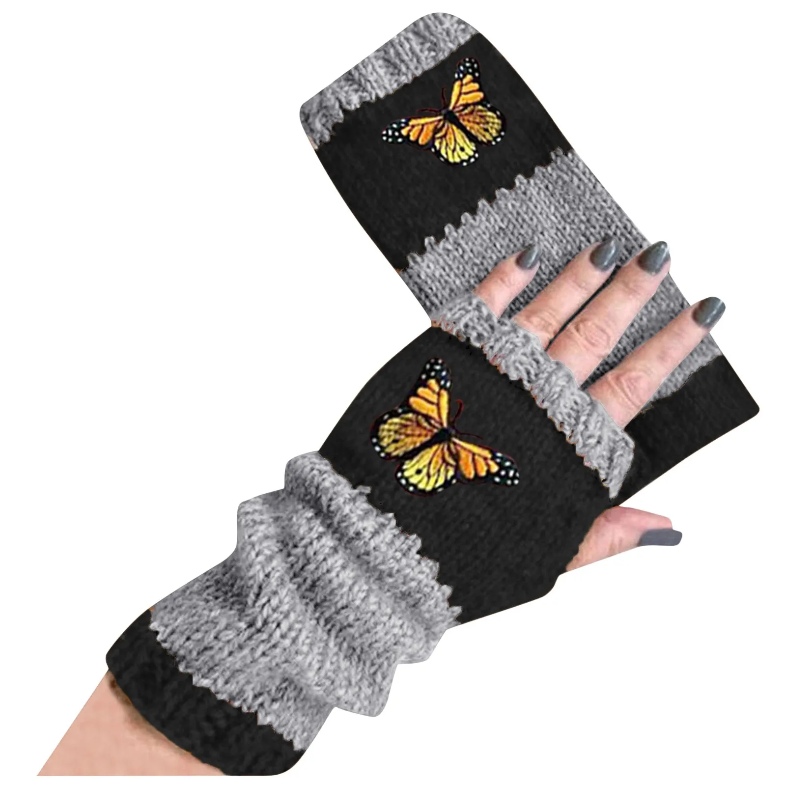 Women\'s Fingerless Gloves Christmas Gift Embroidered Bird Gloves Women\'s Cotton Fingerless Gloves Knit Block Splice Mittens