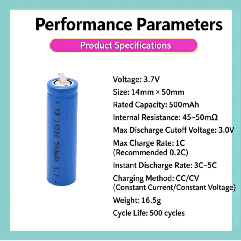 10PCS For 14500 Lithium Battery 500mAh 3.7V Rechargeable Battery with Nickel Sheet for Electric Toy Small Fan