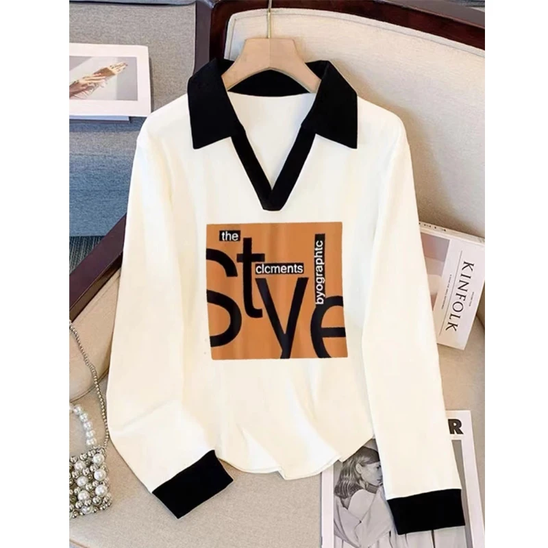 Women's Clothing 2024 Korean Fashion Letter Print Contrast Color Basic T-shirts Female Casual Polo Collar Long Sleeve Loose Tops