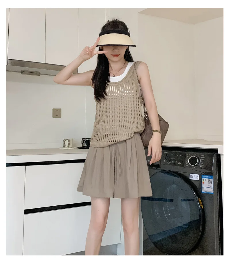 Solid Color Casual Summer Shorts for Women Thin Breathable Elastic Waist Shorts Woman Vacation Loose Wide Leg Shorts Beach Pants