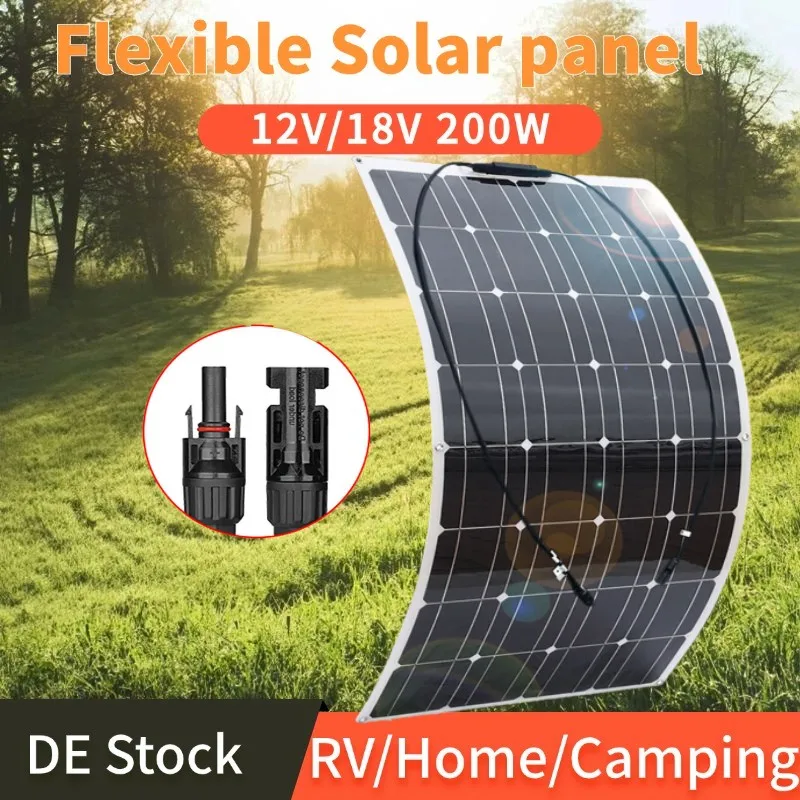 GGJ 200W Monocrystalline Solar Panel Flexible 21V 42V Waterproof Solar Battery for Camping RV Home Charge 12V System Car Boat