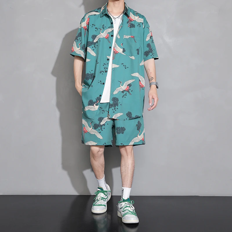 

M-5XL Plus Size Mens Hawaiian Outfits Crane Aloha Hawaiian Shirt and Shorts Set Summer 2 Piece Tracksuit Chinese Type Clothing