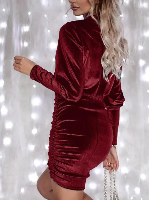 Women's  Autumn/Winter Elegant Formal Mini Dress Velvet Fabric with Long Sleeves and Ruched Smocked Waist Slim Dress