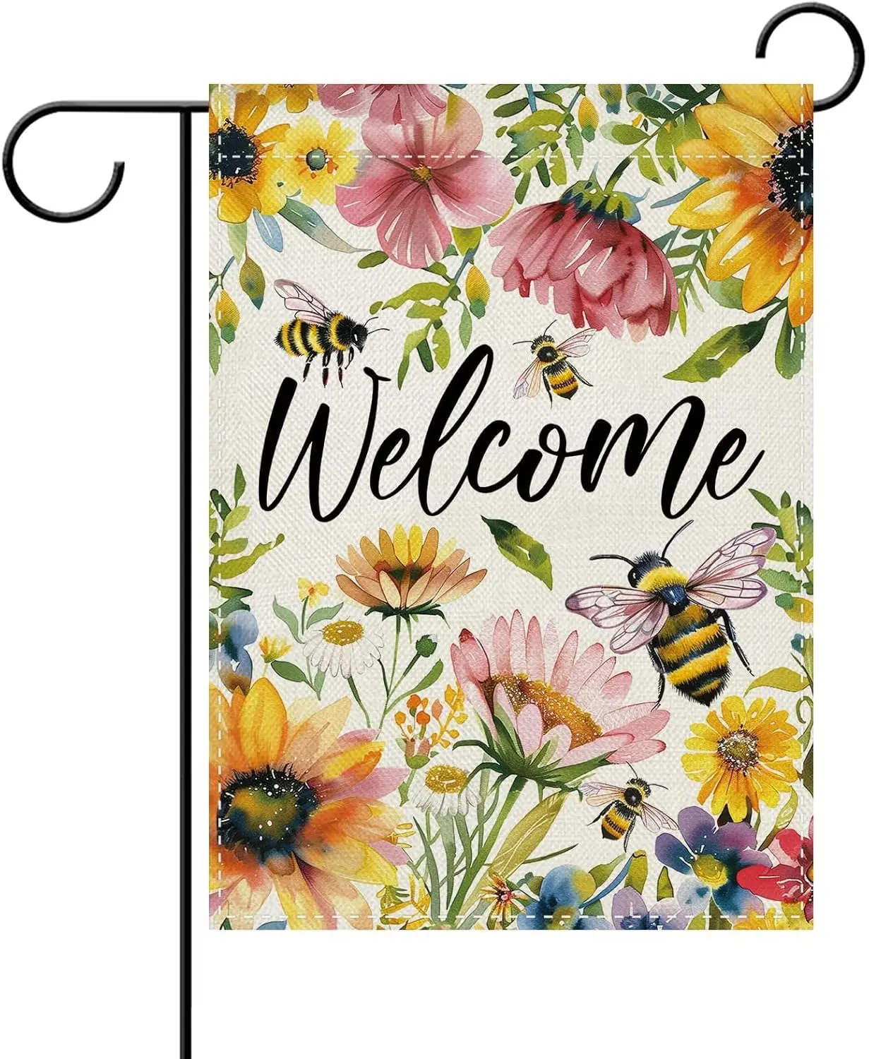 Dyrenson Welcome Spring Summer Sunflower Decorative Garden Flag, Watercolor Floral Bumble Bee Yard Outside Home Decoration,  AAS