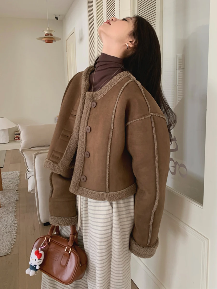 REDDACHiC Giacca bomber in pelle in pile Sherpa da donna Cappotto corto senza colletto abbottonato Capispalla casual vintage autunno inverno