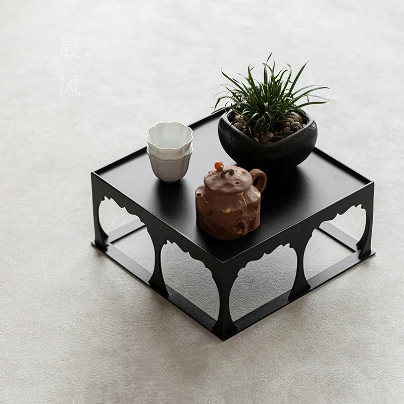 Iron Tea Shed Storage Rack Square New Chinese Bowl Cup Set Display Indoor Decor Base Placement Small Table Teaware Storage Frame