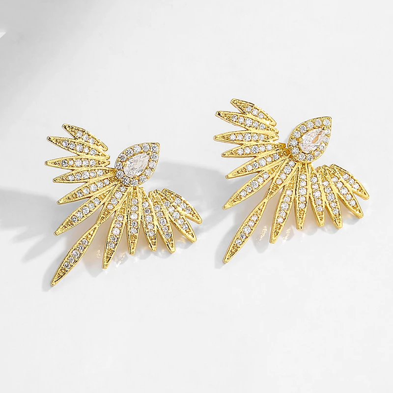 Elegant Cubic Zirconia Feather Earrings White Gold Color Crystal Zircon Statement Stud Earring Luxury Wedding Jewelry