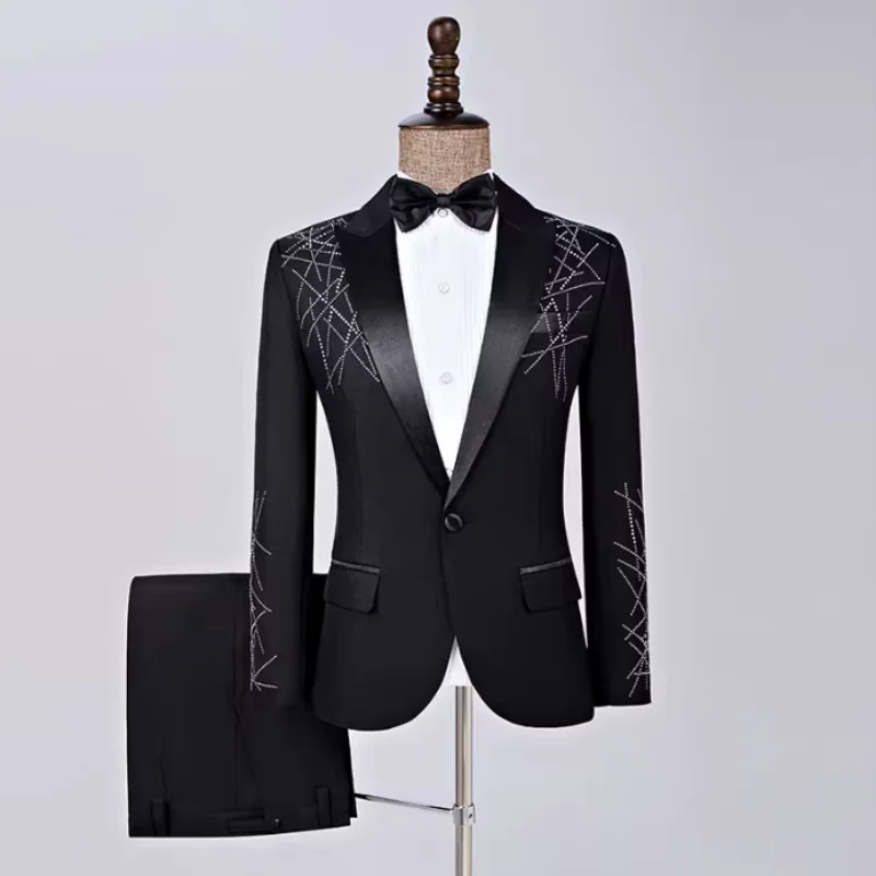 

Men's Fashion Elegant 2-Piece Suit Slim Fit Rhinestones Blazer Pants Set for Wedding Host Groomsmen Singer Chorus Stage Outfit