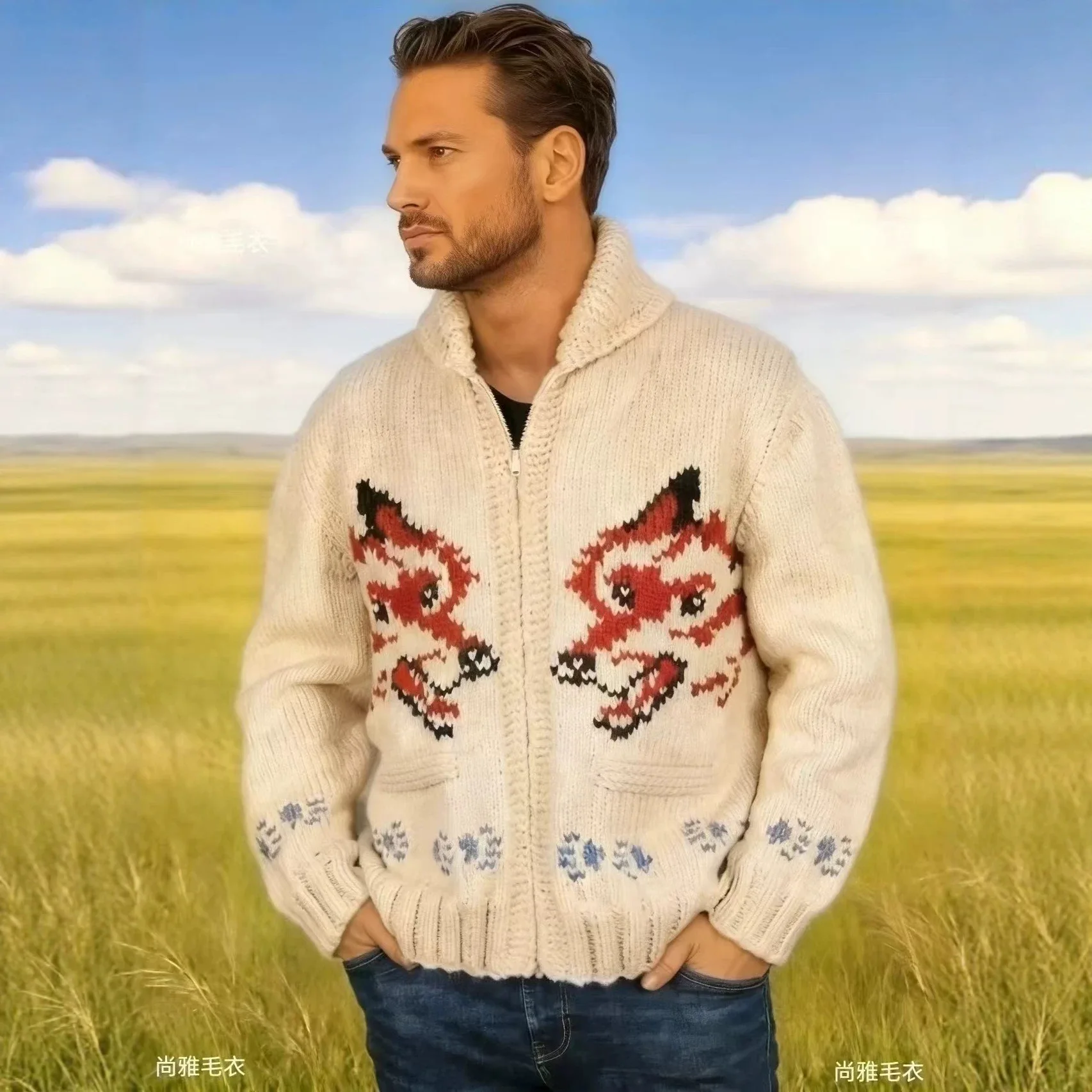 Men's Fox Plaid Knitted Sweater Blazer for Spring 2026 - Thick Knit with Zipper Closure Loose and Comfortable Style