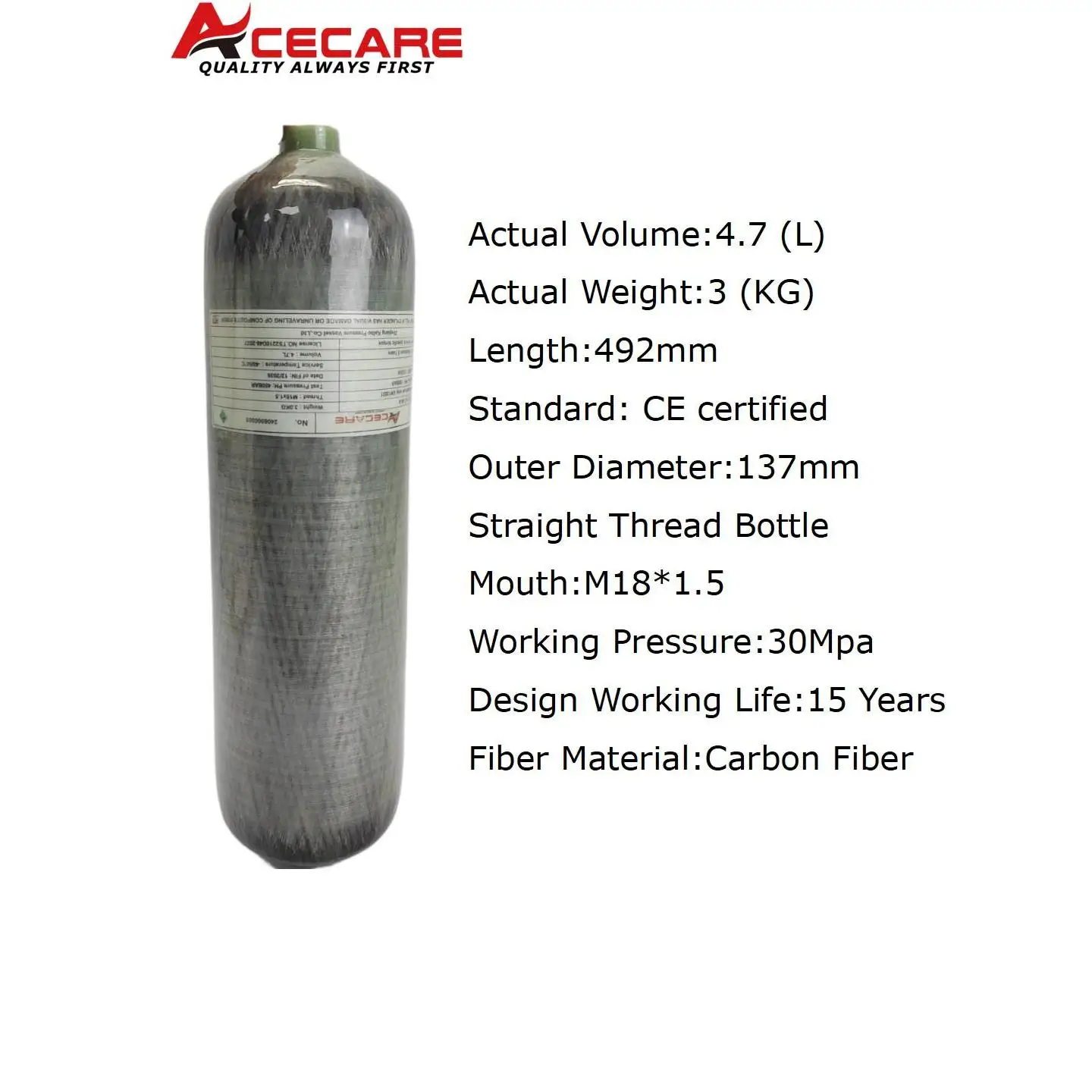 ACECARE 4500psi 300Bar 4.7L Cilindro de fibra de carbono Tanque de alta pressão Regulador de carregamento Estação de enchimento Válvula de calibre duplo M18 * 1.5