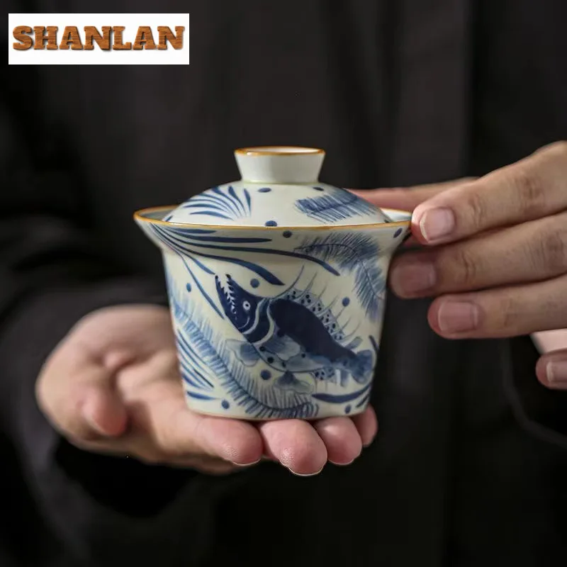 120ml Jingdezhen Blue And White Cover Bowl Hand-painted Fish Algae Pattern Tea Tureen Anti-scald Gaiwan Zen Tea Maker Teaware