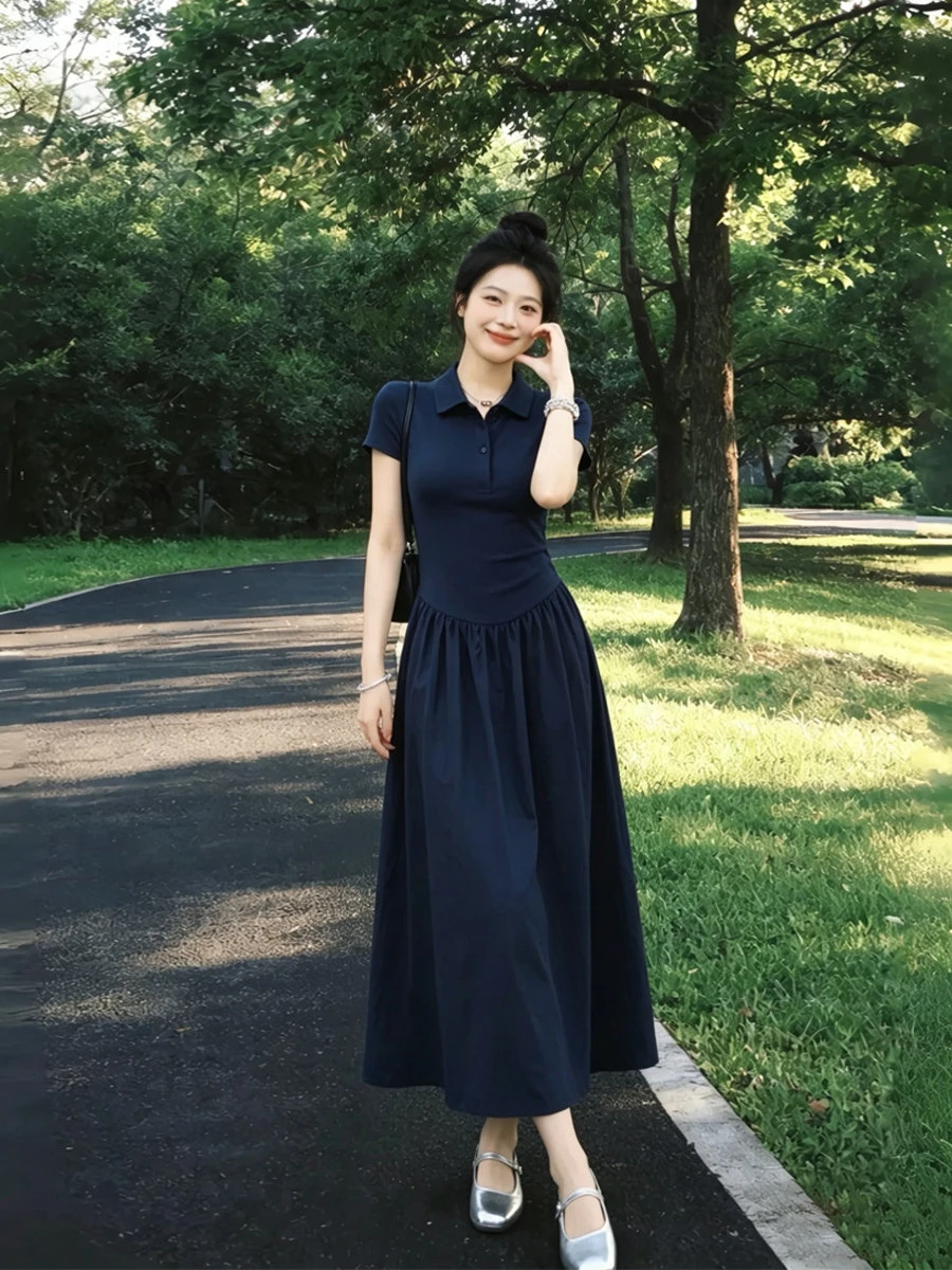Hebe Style  Collar Dress Women's A-Line Long Dress Slimming Waist Design Summer 2026 Fashion Elegant Versatile Short Sleeve