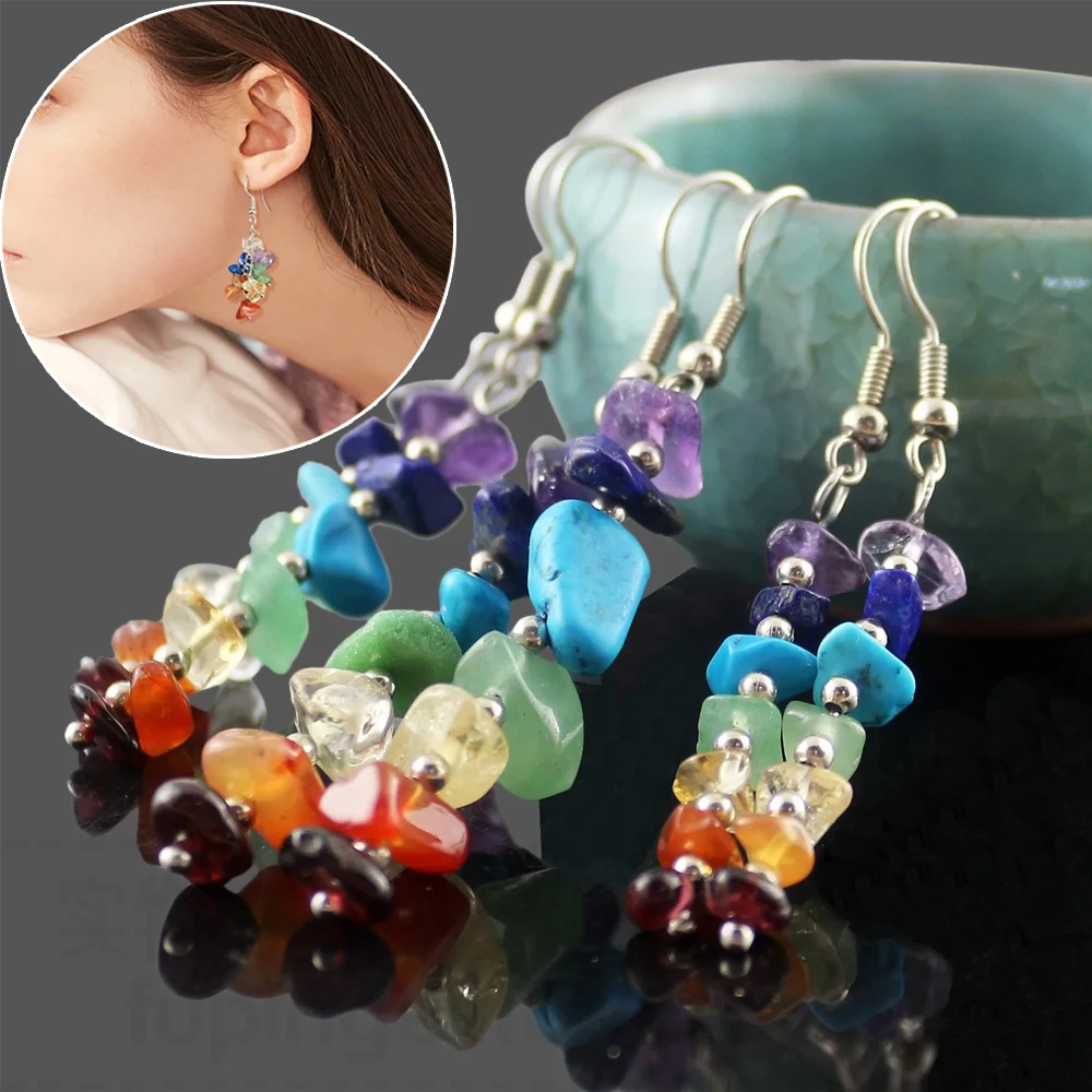 Naturstein Kies Perlen Ohrringe 7 Chakra lange Fransen Aussage Tropfen Ohrringe für Frauen Reiki Heils chmuck Geschenk für Frauen