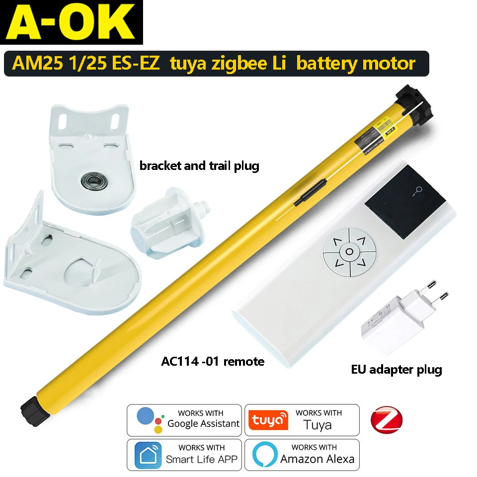 A-OK AM25 Tuya Zigbee Smart RF433 motore tubolare DC tapparella avvolgibile motore batteria Li per tubo 38mm Alexa /Google home/ Alice