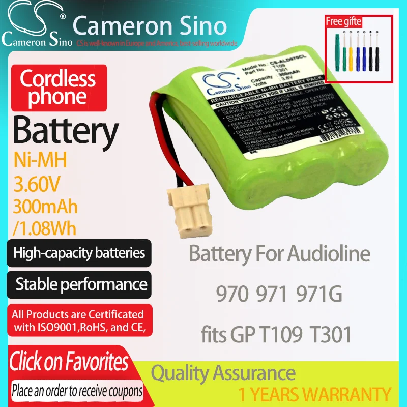 CameronSino Battery for Audioline 970 971 971G fits GP T109 T301 Cordless phone Battery,Landline battery 300mAh 3.60V Ni-MH