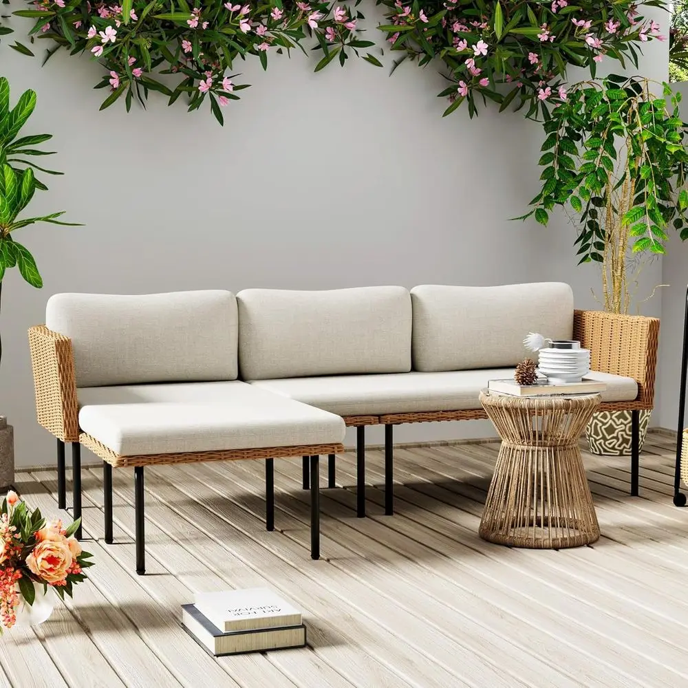 

3-Piece Outdoor L-Shape Sectional Sofa Set with Cushions, Weather-Resistant Rattan, Boho-Style 3-Seater Lounger (Beige)