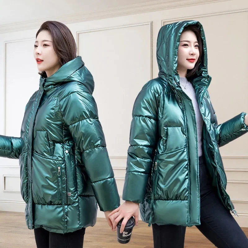 2022 New Winter Jacket Women Parkas Glossy Down Cotton Padded Parka Female Jacket Solid ColorThick Outwear Hooded Warm Outcoat