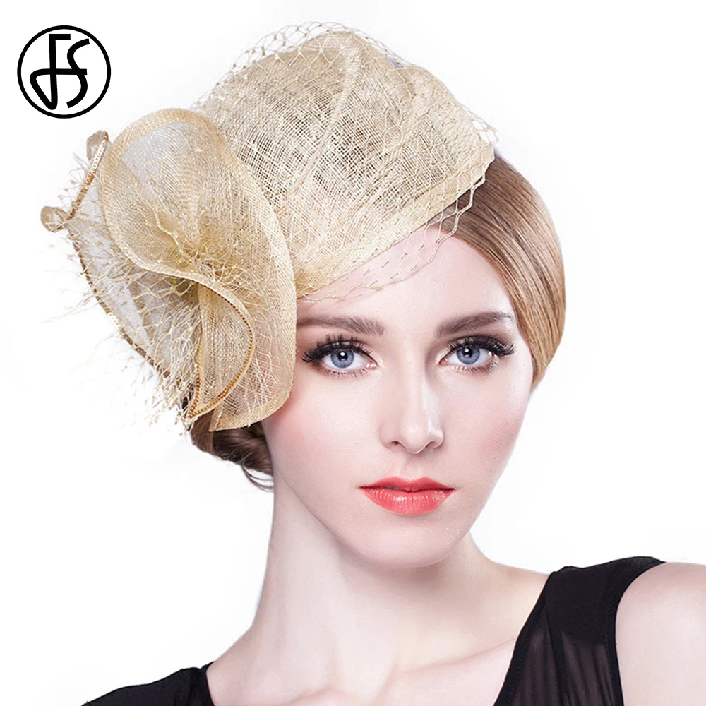 FS Luxury Woman Hat Wedding Ceremony Elegant Church Apricot Kentucky Headdress Ladies Horse Racing Festival Small Top Cap