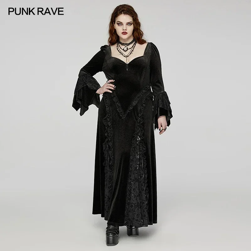 PUNK RAVE-Vestido de renda de veludo com decote mordedor, mangas largas de camada dupla, vestidos longos, gravado escuro, gótico, lindo, sexy