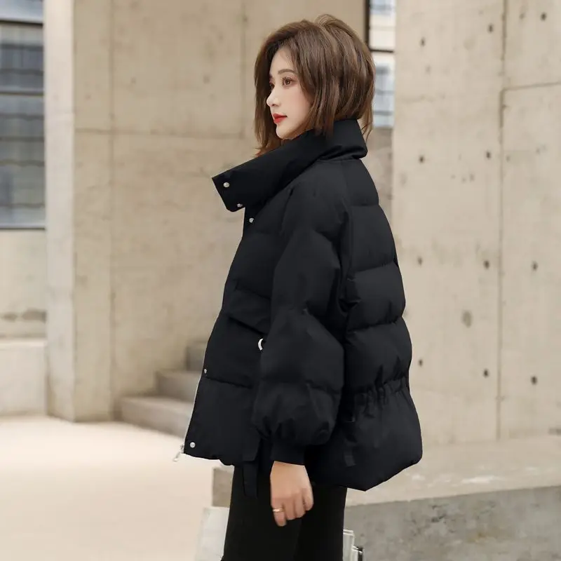 Women 2023 New Down Cotton-padded Jacket Short Korean Loose Ins Thick Bread Coat with Button Thread Fashion Pure Color